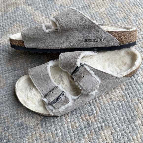Birkenstock Arizona Shearling Sandals Women's 41 Taupe Gray Suede Lined $165 - Picture 1 of 7